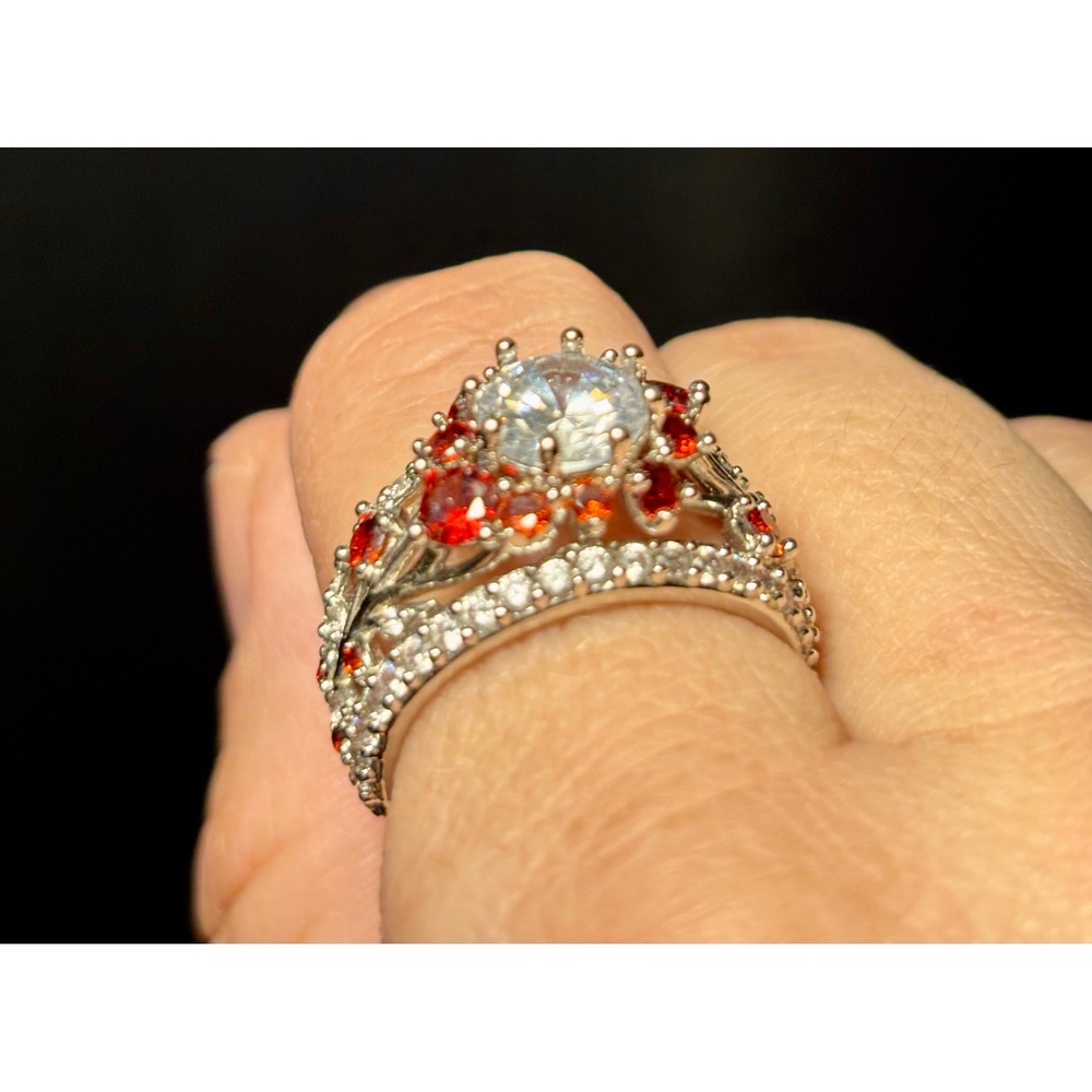 Silver Tone Red and Clear CZ Statement Ring Boho Filigree Branch Band